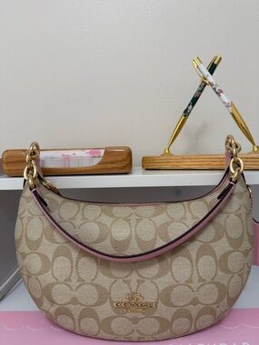 Coach Khaki Signature Crescent Shoulder Bag with Pink Trim
